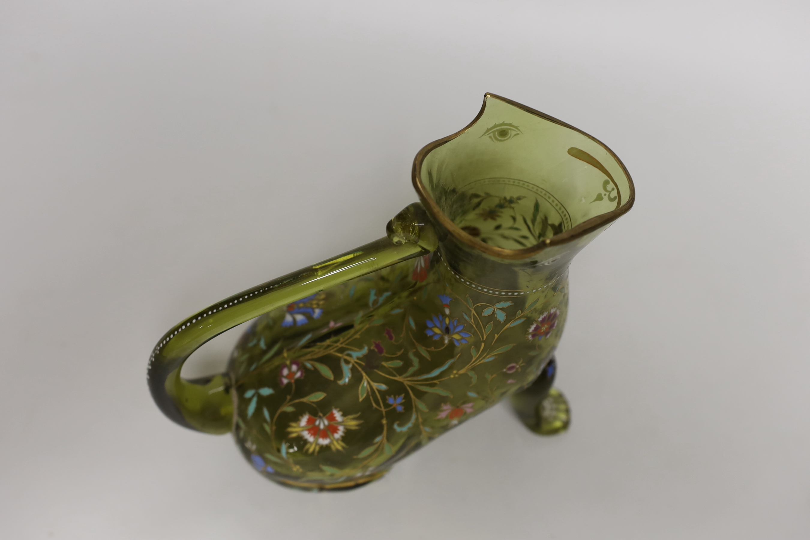 A Moser type zoomorphic enamelled glass jug in the form of a seated cat, 18cm high